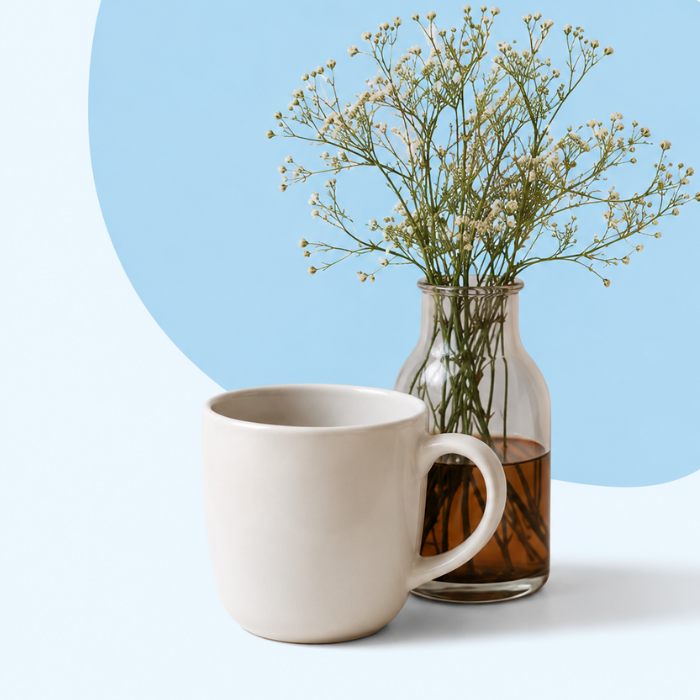 Eine Tasse vor einer Vase mit zarten Blumen